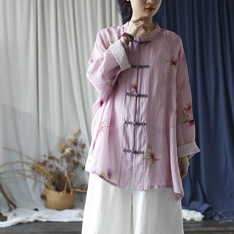 Pink Flower Print Frog-button Design Batwing Long Sleeve Ramie Linen Jacket Shirt