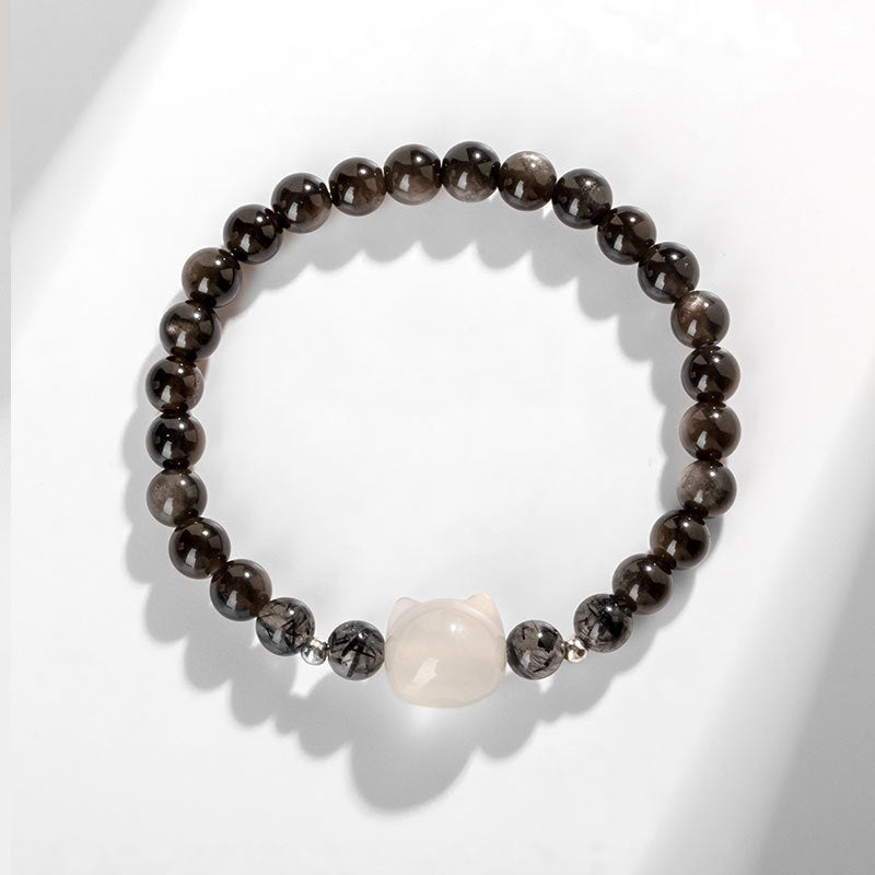 Natural Silver Sheen Obsidian Cute Cat Head Protection Bracelet