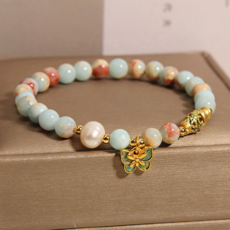 Shoushan Stone and Pearl Beaded Butterfly Charm Bracelet