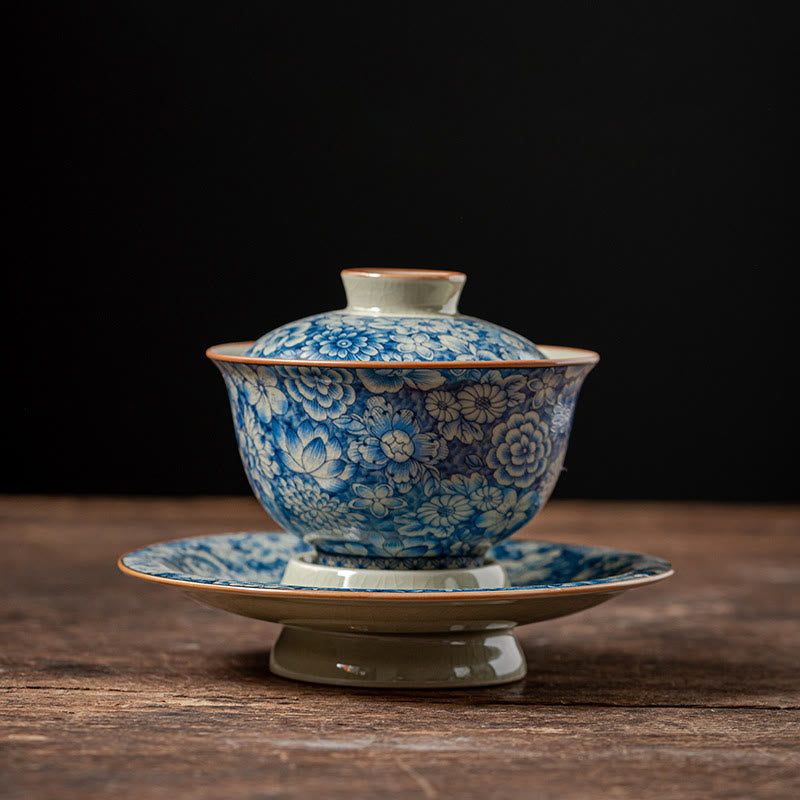 Vintage Blue And White Porcelain Peach Blossom Lotus Peony Ceramic Gaiwan Sancai Teacup Kung Fu Tea Cup And Saucer With Lid