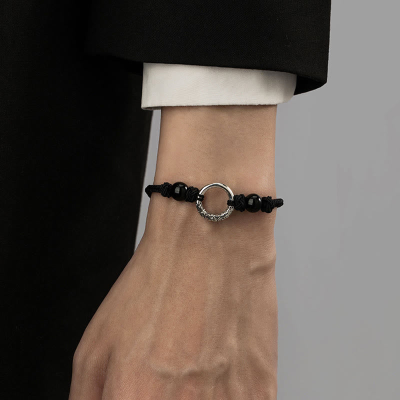925 Sterling Silver Black Onyx Ping An Kou Peace Buckle Adjustable Bracelet