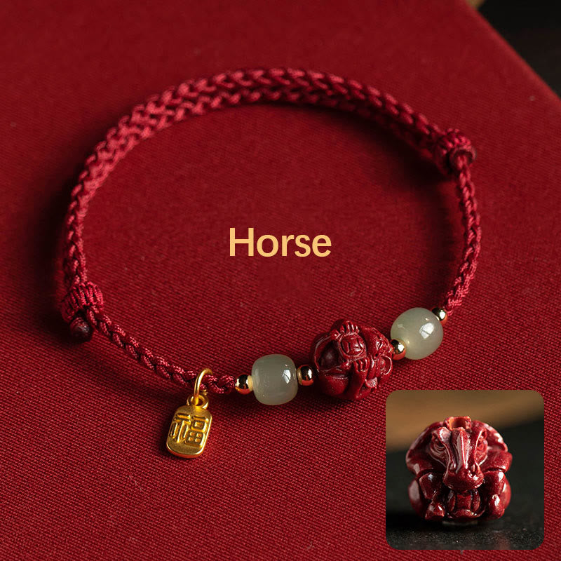 Handmade Cinnabar & Hetian Jade Sterling Silver Chinese Zodiac Fu Red String Bracelet