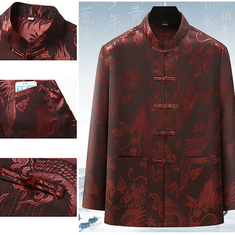 Tang Suit Men Hanfu Chinese Dragon Traditional Clothes Kung Fu Shirt Uniform Long Sleeved Coat Tops and Pants Clothing Men's Set
