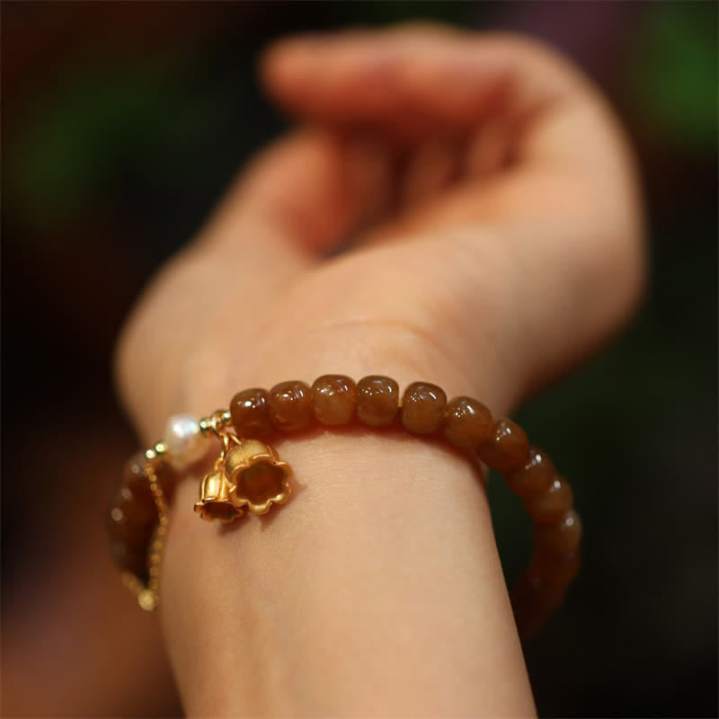 Natural Hetian Jade and Pearl Lily of the Valley 925 Sterling Silver Gold Plated Charm Bracelet
