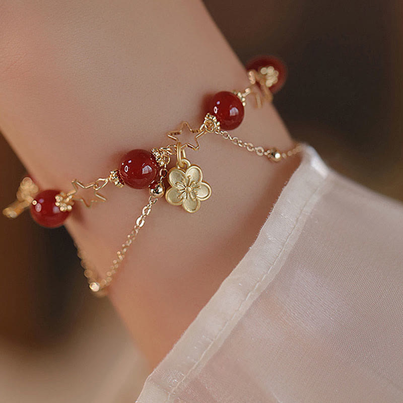 14k Gold Plated Red Agate Star Flower Charm Calm Bracelet