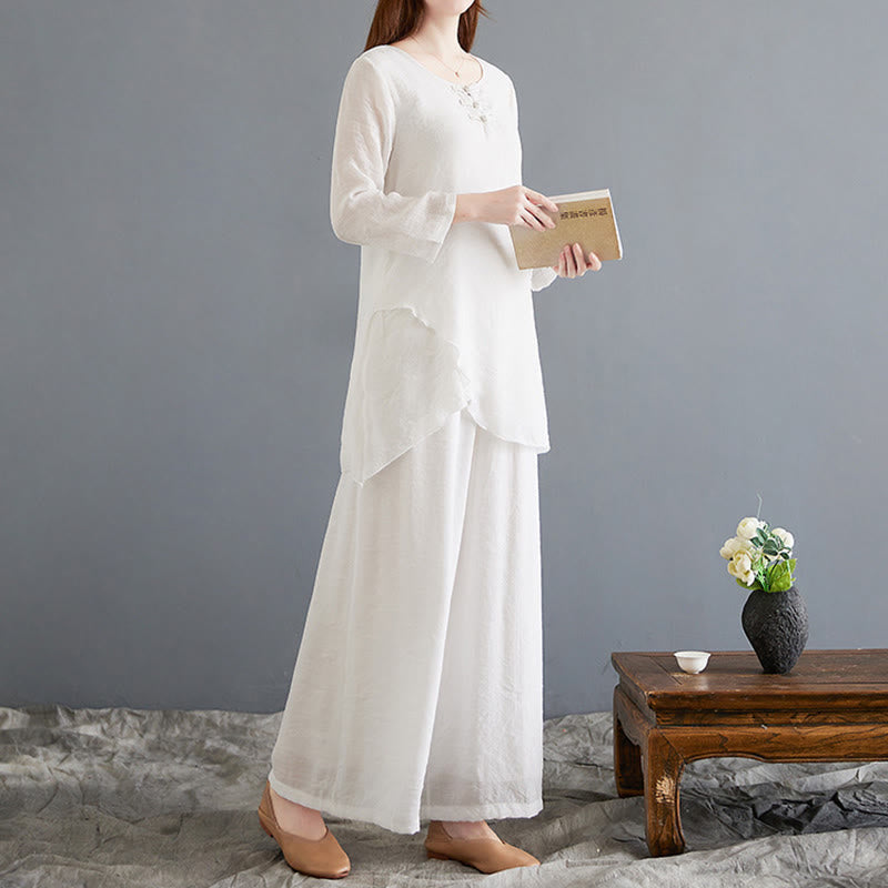 Breathable Cotton Linen Wide-Leg Meditation Shirt and Pants Set