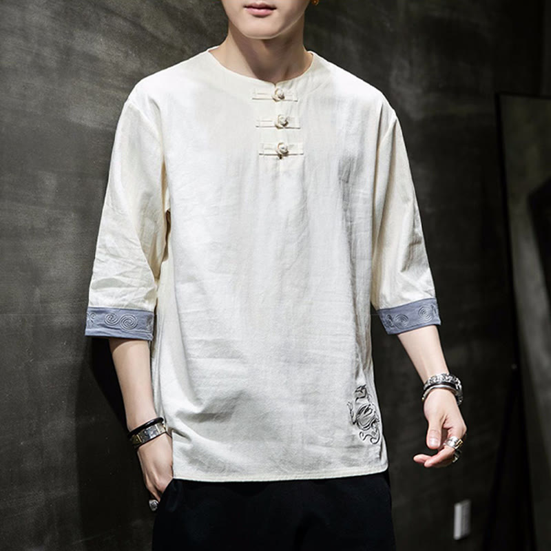 Frog-Button Dragon Embroidery Chinese Tang Suit Three Quarter Sleeve Shirt Cotton Linen Men Clothing