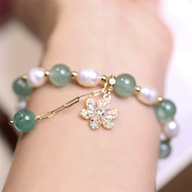 Handcrafted Green Strawberry Quartz and Pearl Flower Charm Gold Accent Bracelet