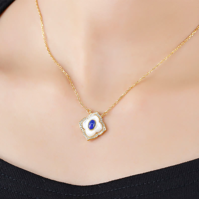 925 Sterling Silver Tridacna Stone Lazurite Prismatic Design Blessing Earrings Necklace Pendant Jewelry Set