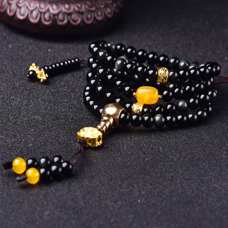 108 Beads Natural Black Obsidian Lotus Fulfilment Mala Bracelet
