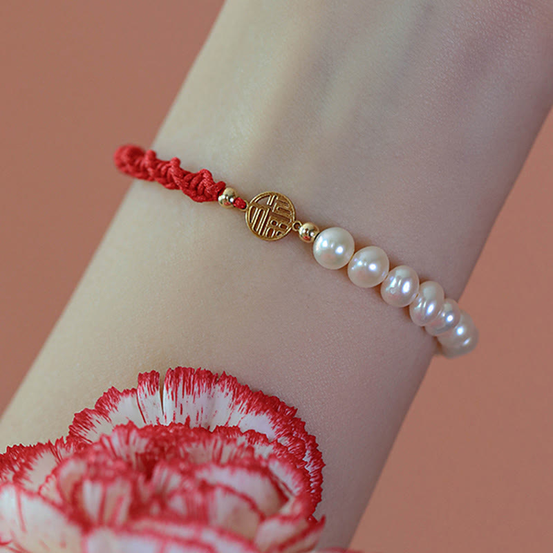 14K Gold Plated Pearl and Prosperity Symbol Braided Red String Bracelet