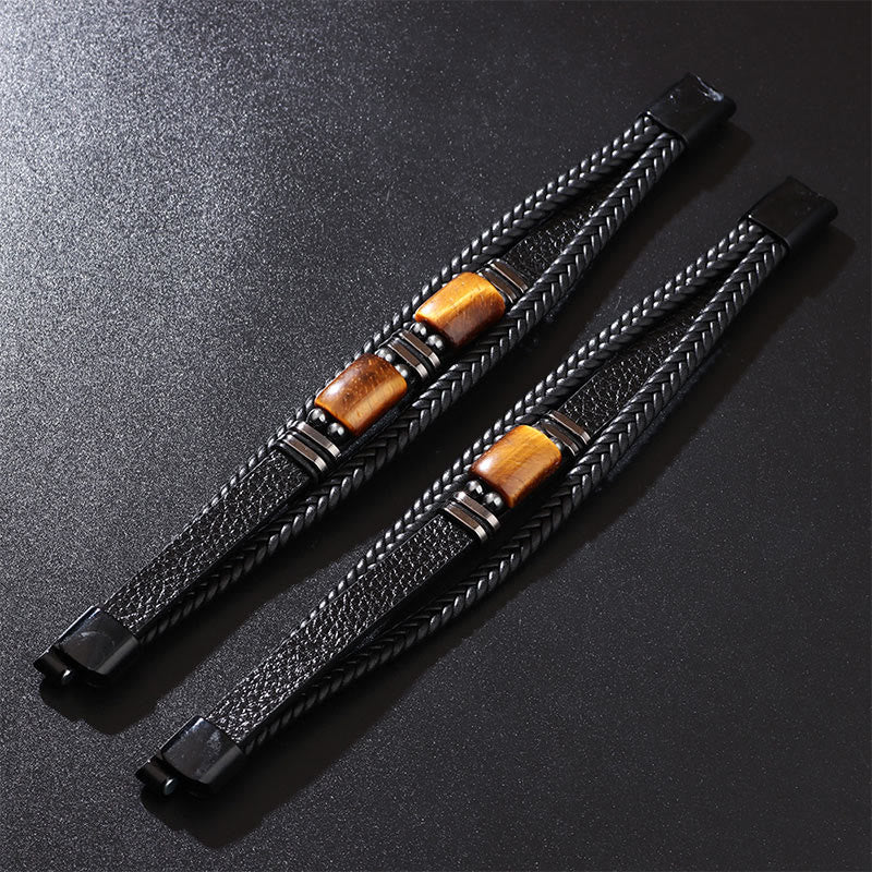 Tiger Eye Power Magnetic Buckle Multilayered Leather Bracelet