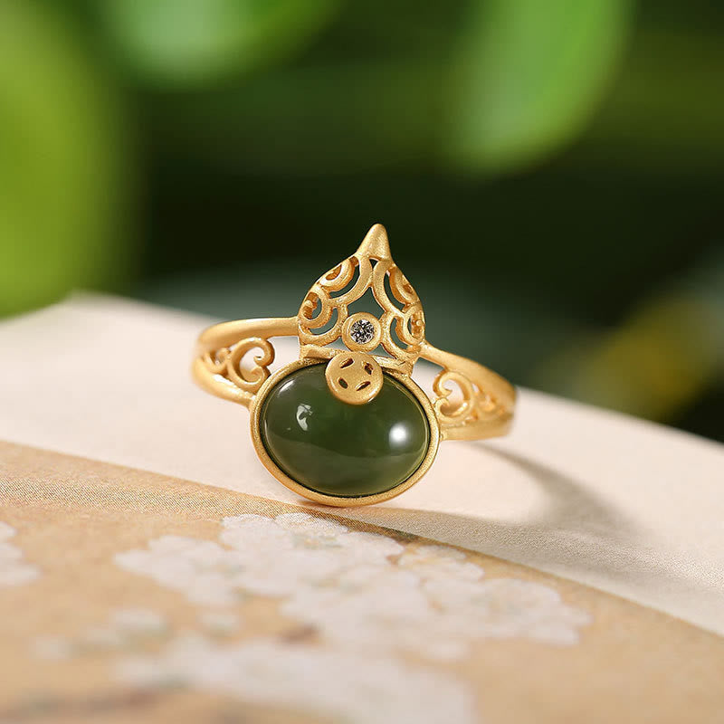 Gourd Cyan Jade Copper Coin Success Luck Adjustable Ring