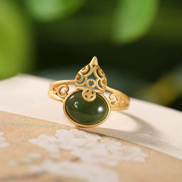 Gourd Cyan Jade Copper Coin Success Luck Adjustable Ring