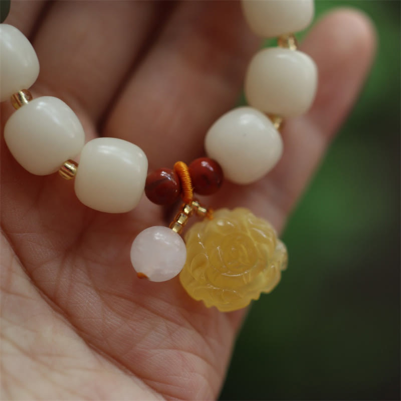 Gradient Bodhi Seed, Amber, Golden Silk Jade & Red Agate Lotus Symbol Unisex Elastic Bracelet