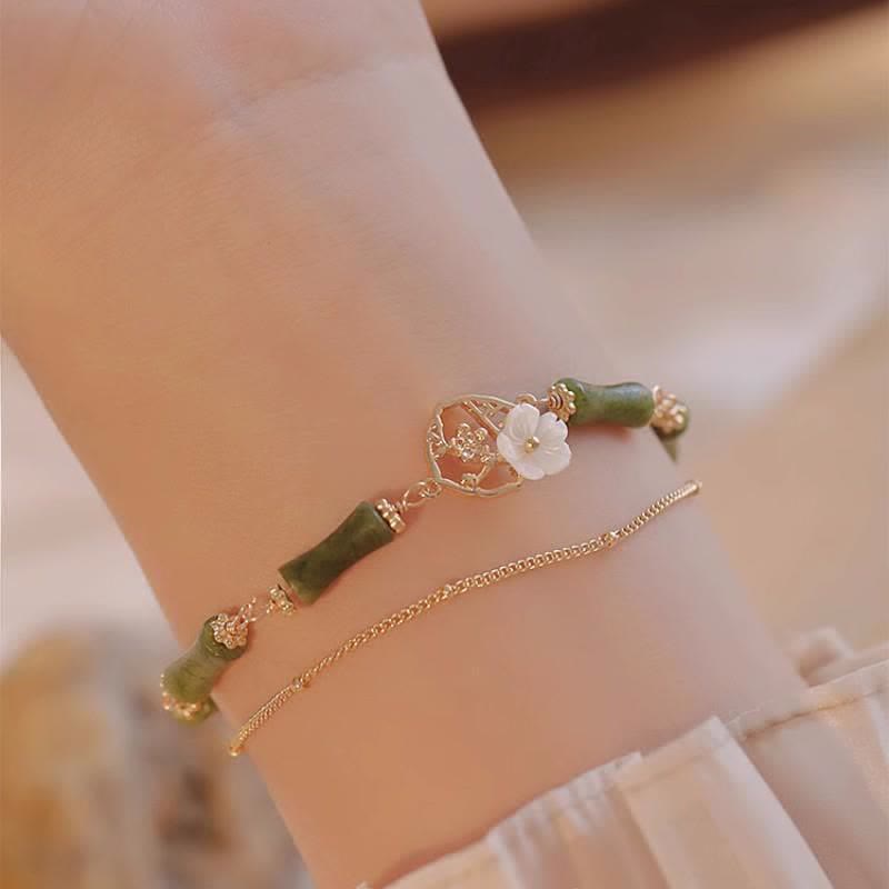 14k Gold Plated Peridot and Tridacna Bamboo Flower Double Layer Copper Bracelet