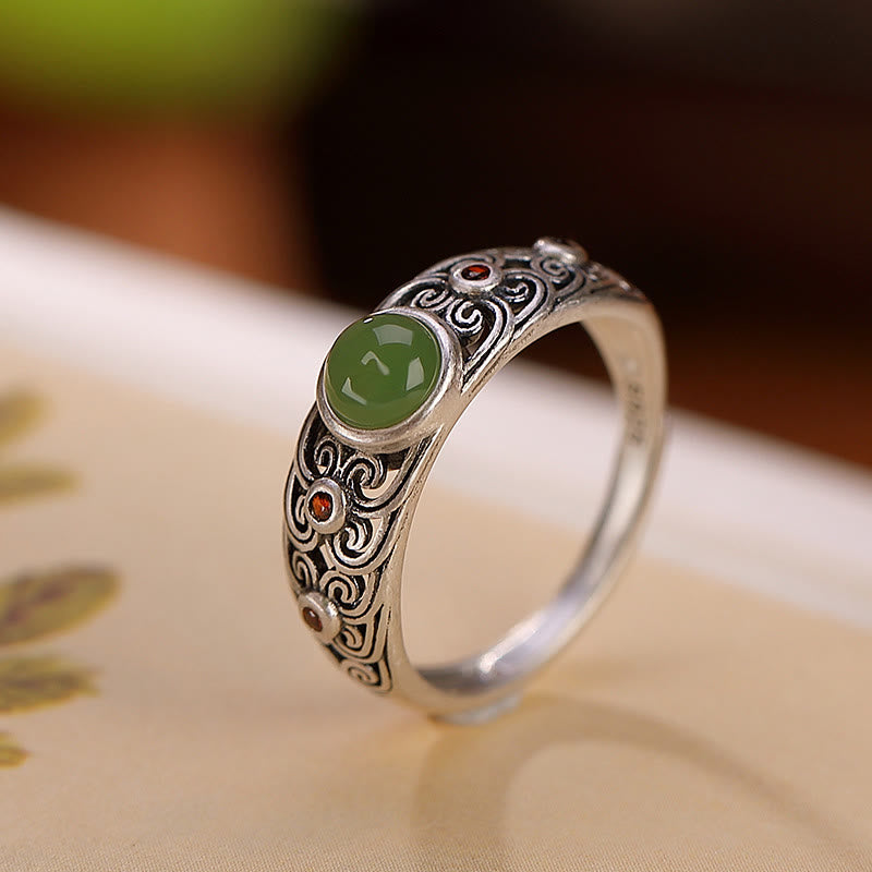 925 Sterling Silver Hetian Cyan Jade Harmony Adjustable Ring