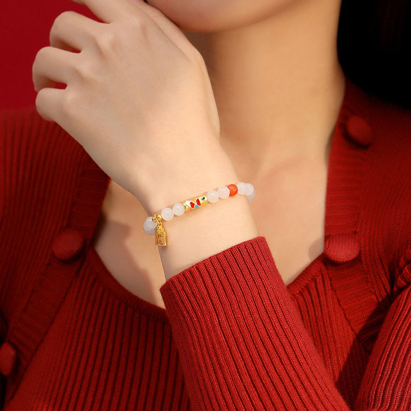925 Sterling Silver Koi Fish Red Agate & Hetian White Jade Beaded Bracelet