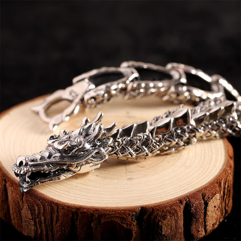Handcrafted 925 Sterling Silver Dragon Motif Open Bangle Bracelet