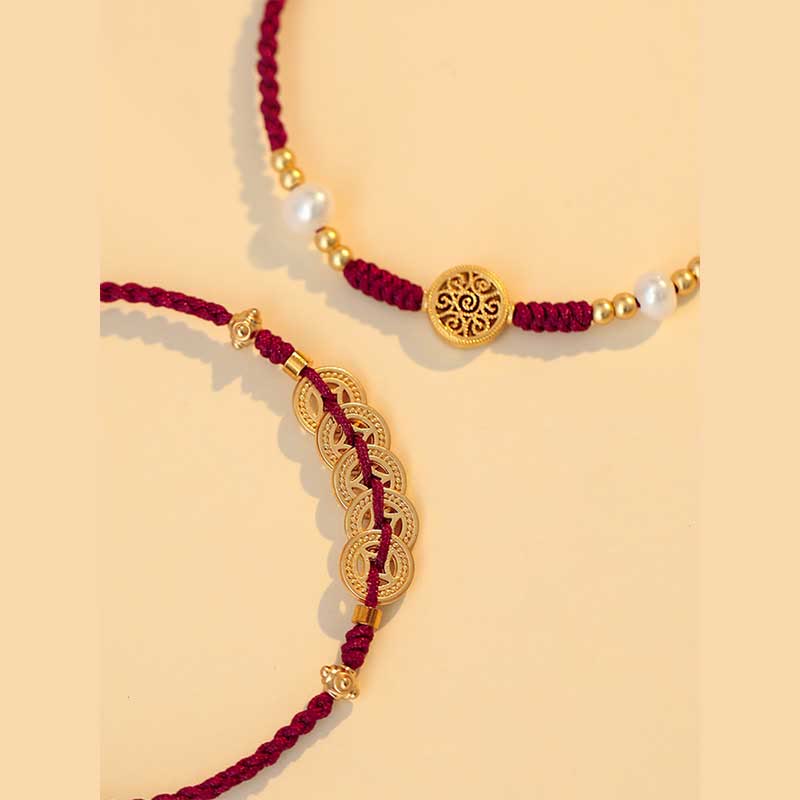 Hand-Braided Copper Tree of Life & Chinese Coin Red String Bracelet