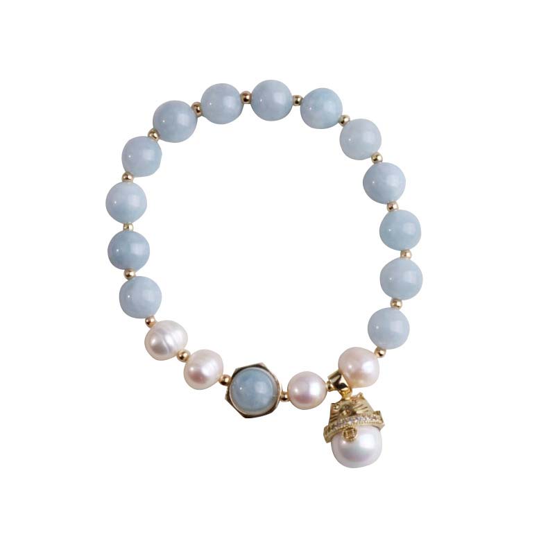 Aquamarine and Pearl Lucky Cat Charm 8mm Beaded Elastic Bracelet