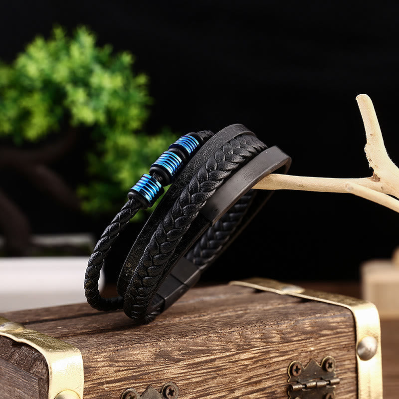 Leather Multi-Layer Titanium Steel Balance Braided Magnetic Buckle Bracelet