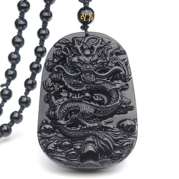 Black Obsidian Stone Dragon Fulfilment Pendant Necklace