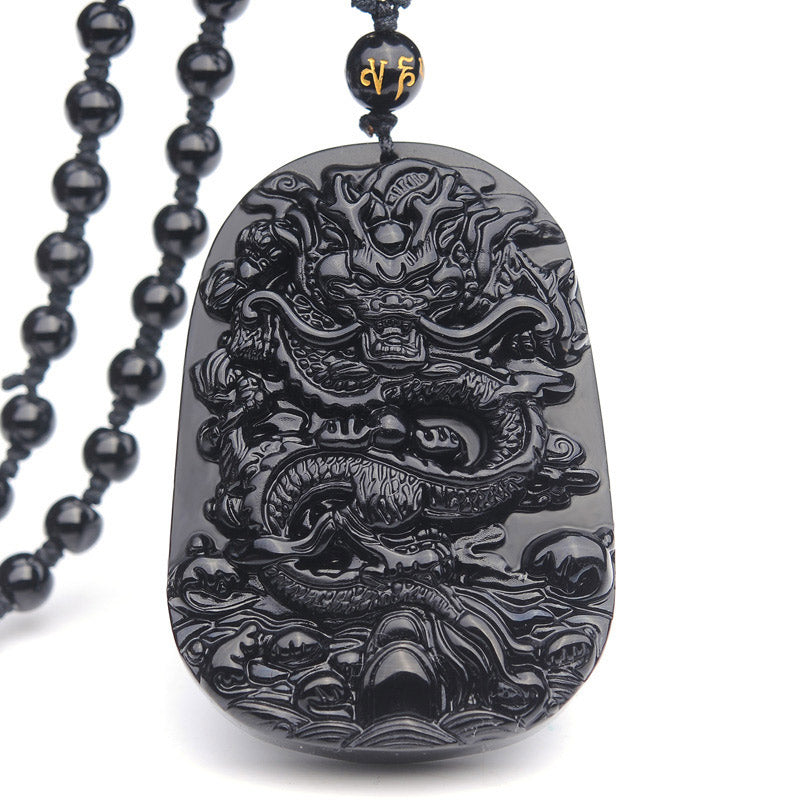 Black Obsidian Stone Dragon Fulfilment Pendant Necklace