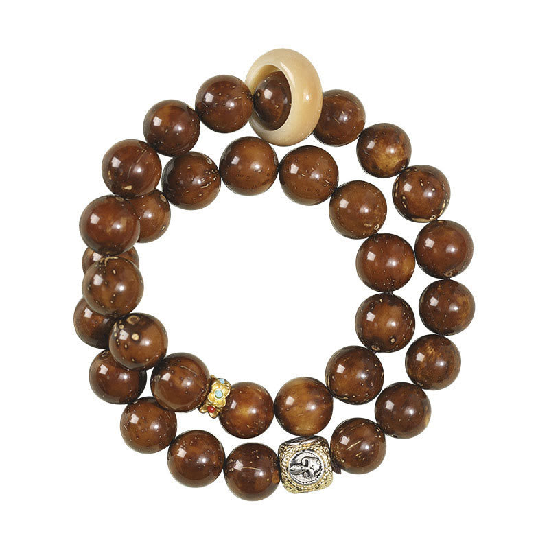 Tibetan Style Double Wrap Bracelet with Turquoise, Copper and Natural Purple Gold Rat Bodhi Seeds