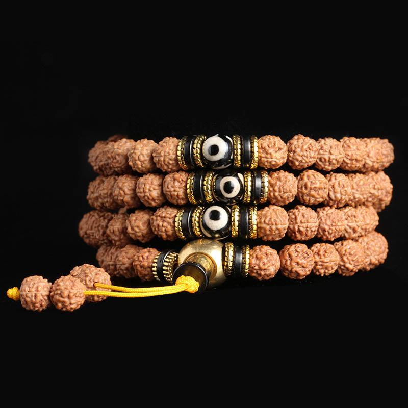 108 Mala Beads Rudraksha Bodhi Seed Dzi Bead Luck Wealth Bracelet