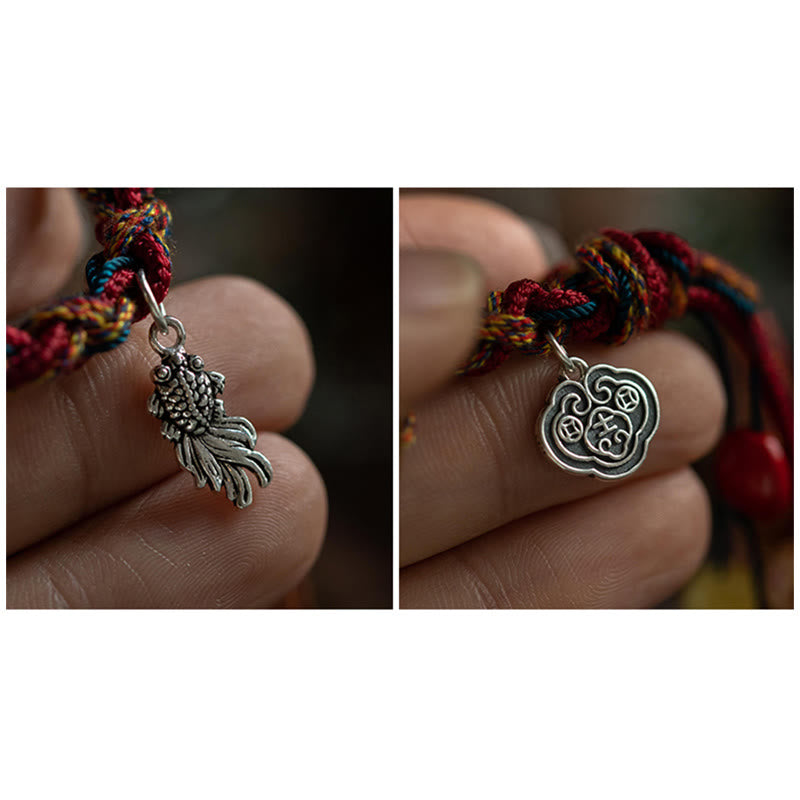 Tibetan Handmade Red String Bracelet with 925 Sterling Silver Koi Fish & Auspicious Clouds