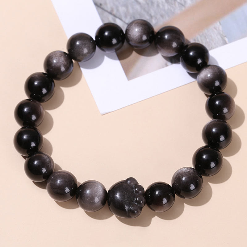 Natural Sheen Obsidian Beaded Cat Paw Charm Bracelet