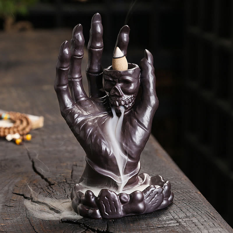 Ceramic Skull and Skeletal Hand Backflow Incense Burner for Atmospheric Meditation