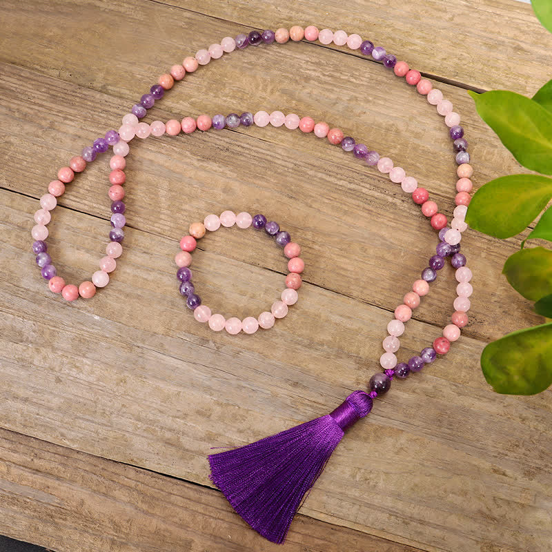108 Mala Beads Amethyst Rose Quartz Spiritual Healing Tassel Bracelet