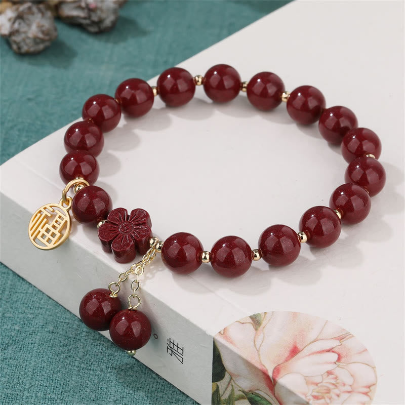 Cinnabar Fu Character Cherry Blossom Blessing Bracelet