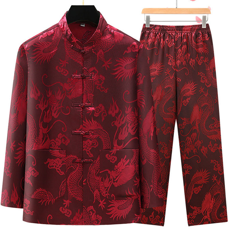 Tang Suit Men Hanfu Chinese Dragon Traditional Clothes Kung Fu Shirt Uniform Long Sleeved Coat Tops and Pants Clothing Men's Set