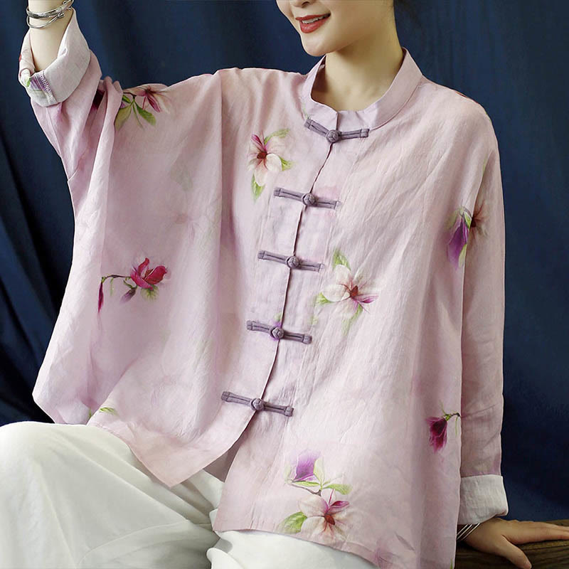 Pink Flower Print Frog-button Design Batwing Long Sleeve Ramie Linen Jacket Shirt