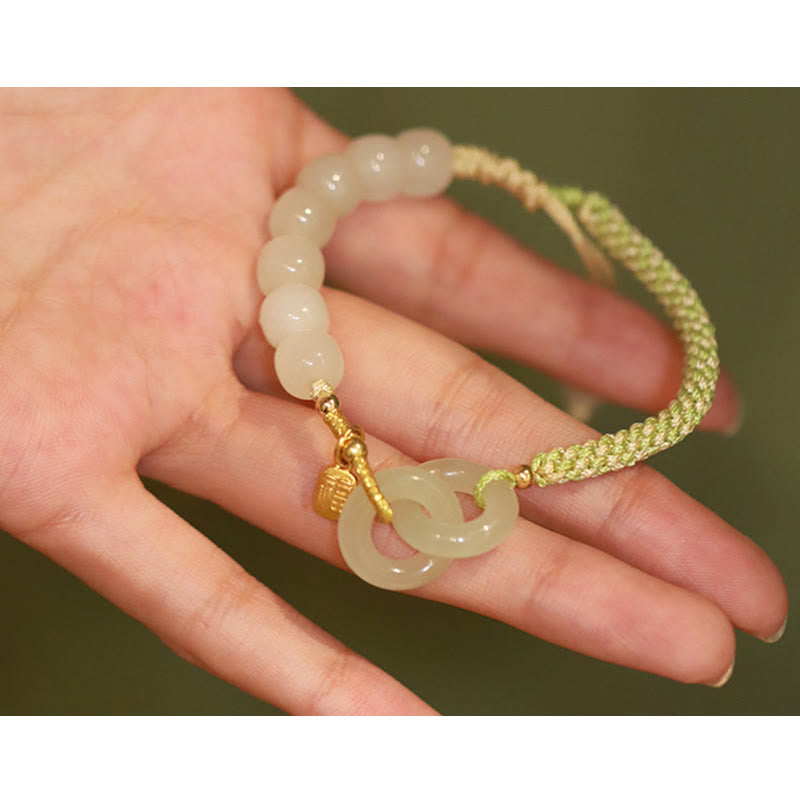 Natural Hetian Jade Bead Double Peace Buckle Fu Character Abundance Braided Bracelet