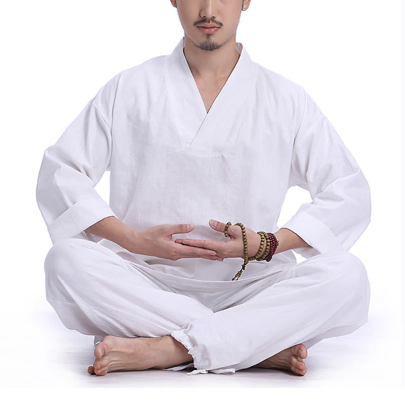 Meditation Prayer V-neck Design Cotton Linen Spiritual Zen Practice Yoga Clothing Men's Set