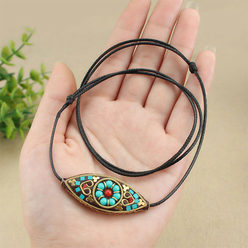 Tibet Turquoise Bead Marquise Pattern Protection Strength Necklace Pendant