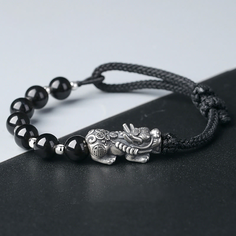999 Sterling Silver FengShui PiXiu Natural Black Obsidian 925 Sterling Silver Bead Strength Bracelet