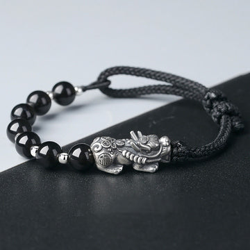 999 Sterling Silver FengShui PiXiu Natural Black Obsidian 925 Sterling Silver Bead Strength Bracelet