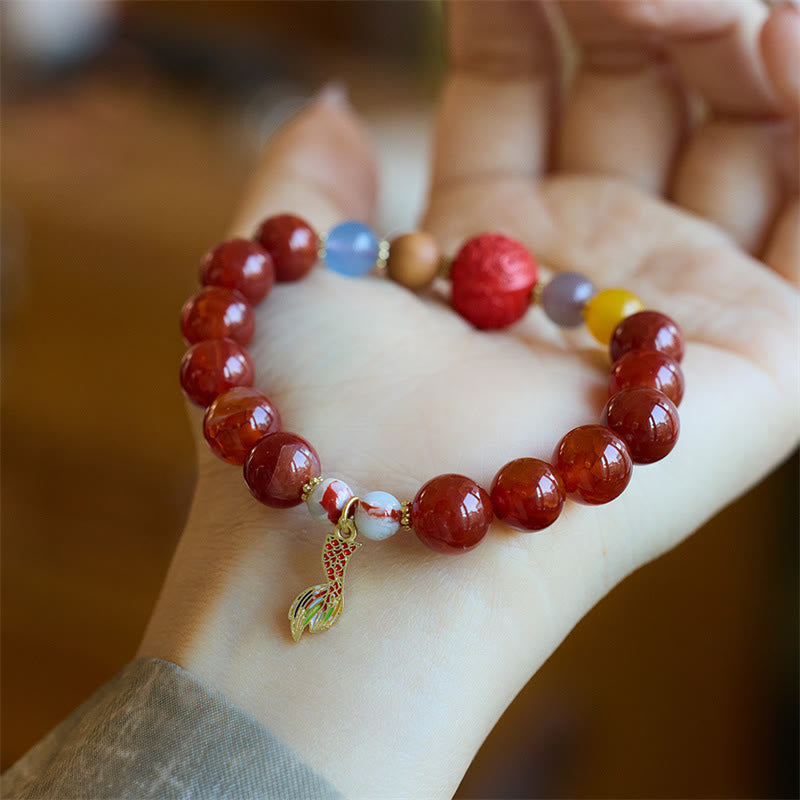Natural Red Agate & Shoushan Stone Dragon Fu Charm Peace Talisman Bracelet