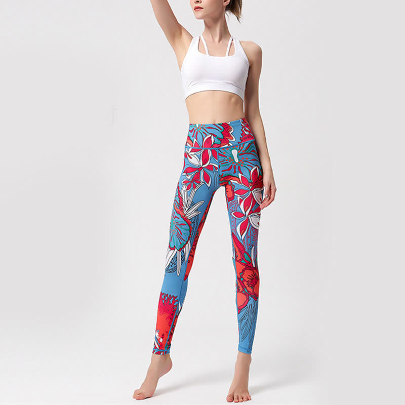 Colorful Flower Petal Leaves Print Sports Exercise Fitness High Waist Leggings Women's Yoga Pants