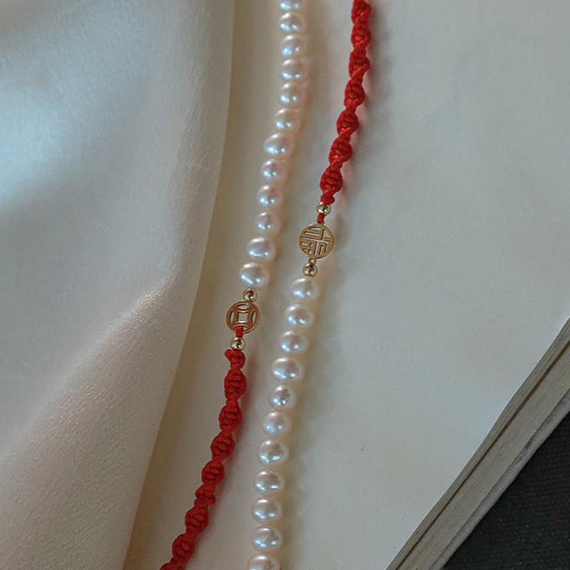 14K Gold Plated Pearl and Prosperity Symbol Braided Red String Bracelet