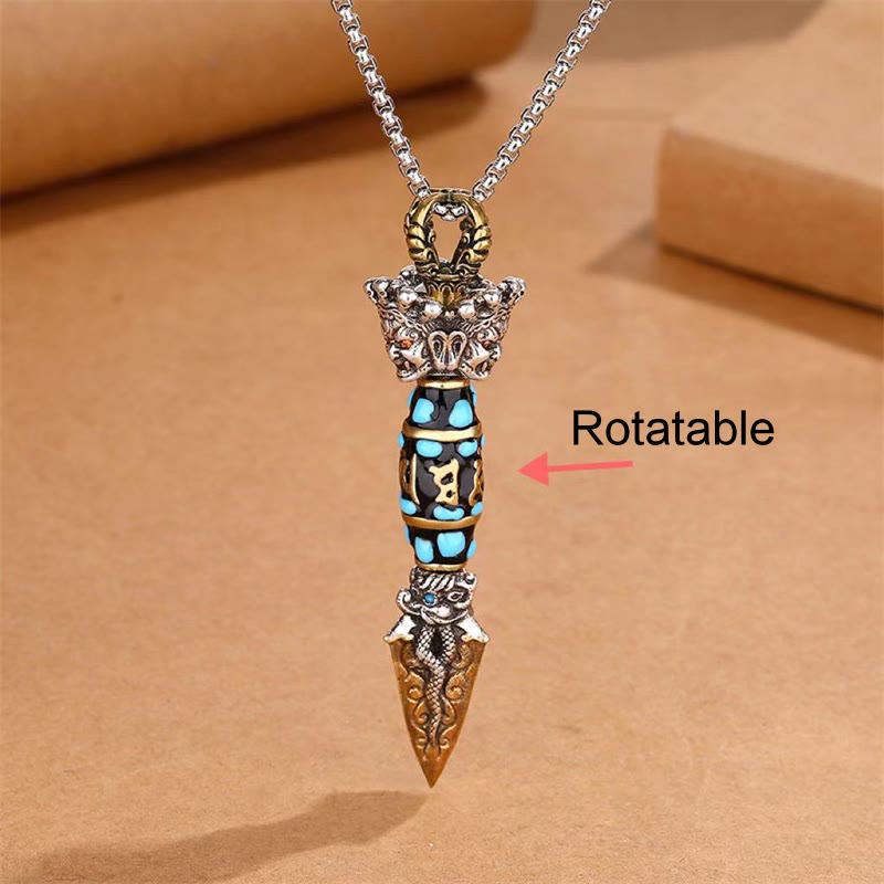 Tibet Om Mani Padme Hum Dzi Bead Dorje Vajra Pattern Wealth Rotatable Necklace Pendant