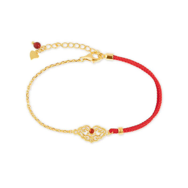 Handmade Red String Bracelet with Gold Longevity Lock and Red Agate