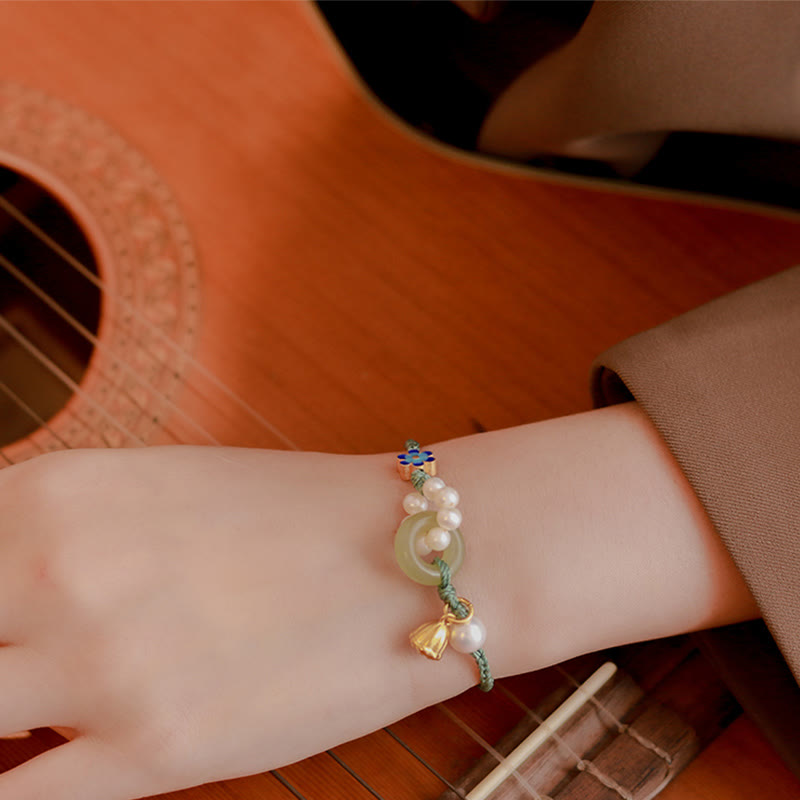 Natural Hetian Jade Peace Buckle Pearl Luck Handcrafted Braided Bracelet