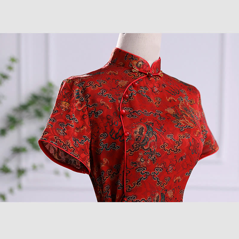 Vintage Auspicious Clouds Leaf Print Cheongsam Dress Women's Qipao Dress