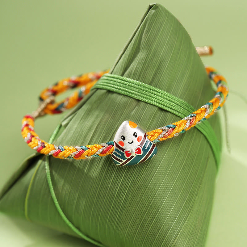 925 Sterling Silver Dragon Boat Festival Zongzi Pattern Luck Handmade Multicolored Rope Child Adult Bracelet
